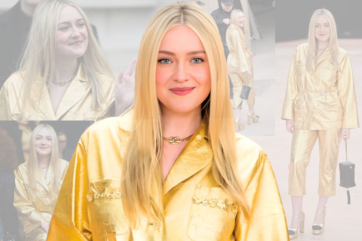 Dakota Fanning Gold Leather Suit Chanel